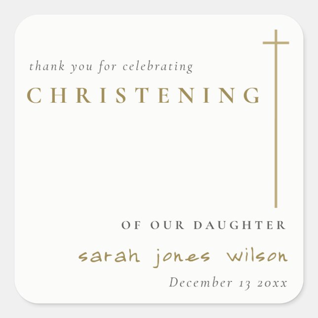 Classy Elegant Minimal Gold Typografie Christening Quadratischer Aufkleber (Vorderseite)