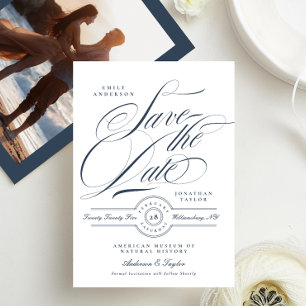 Classy Elegant Navy Blue Calligraphy Foto Back Save The Date