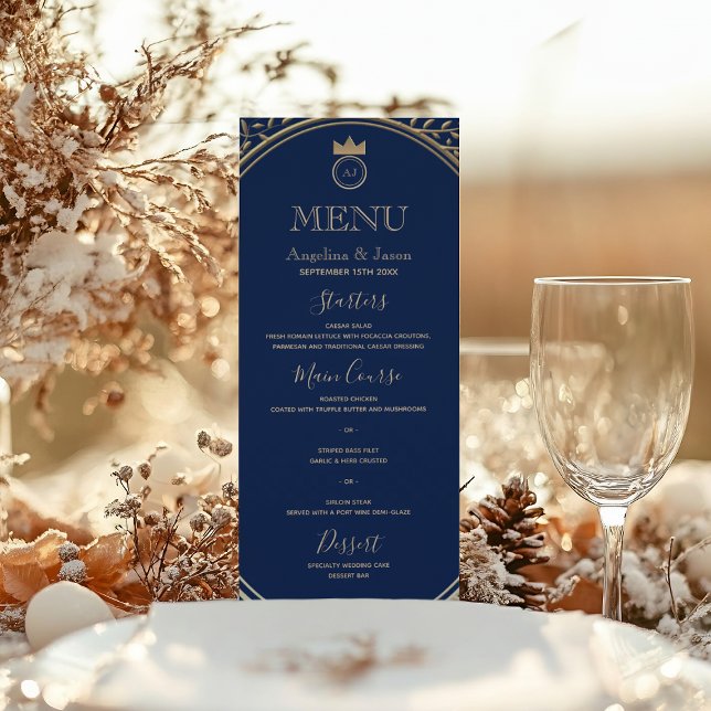 Classy Elegant Royal Blue and Gold Floral Wedding Menükarte (Von Creator hochgeladen)