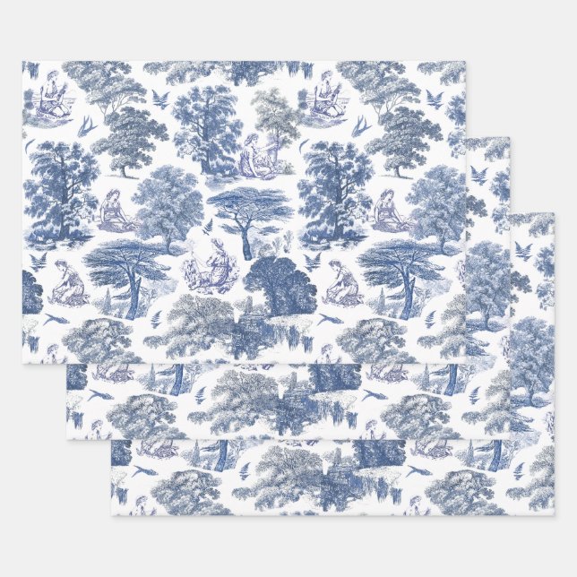 Classy Elegant Rustic Blue Country Toile Geschenkpapier Set (Set)