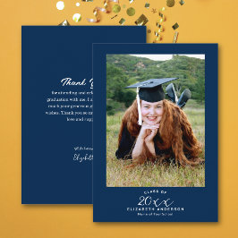 Classy Elegant Script Navy Blue Abschluss Foto Dankeskarte