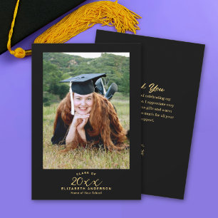 Classy Elegante Black Gold Script Abschluss Foto Dankeskarte