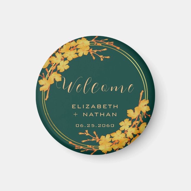 Classy Emerald Green Gold Floral Wedding Willkomme Magnet (Vorne)