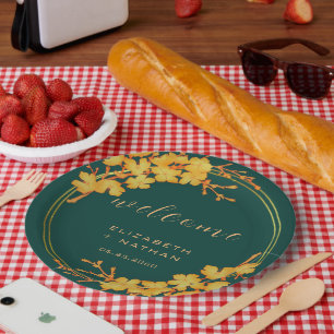 Classy Emerald Green Gold Floral Willkommen Pappteller