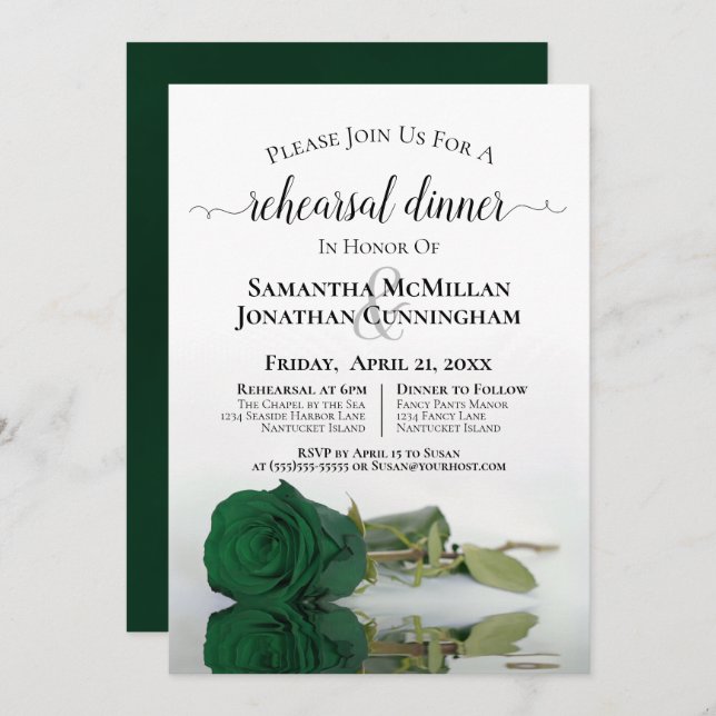 Classy Emerald Green Rose Hochzeit Probe Dinner Einladung (Vorne/Hinten)