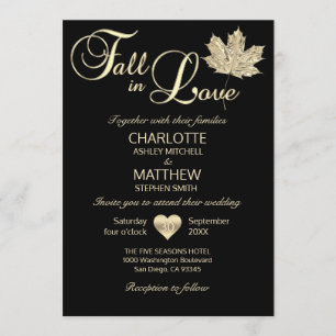 Classy FALL IN LIEBE Black Gold Maple Leaf Hochzei Einladung