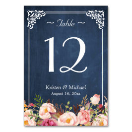 Classy Floral Blue Chalkboard Wedding Tischnummer