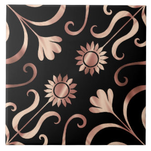 Classy Floral Damask Schwarz und Rose Gold Sonnenb Fliese