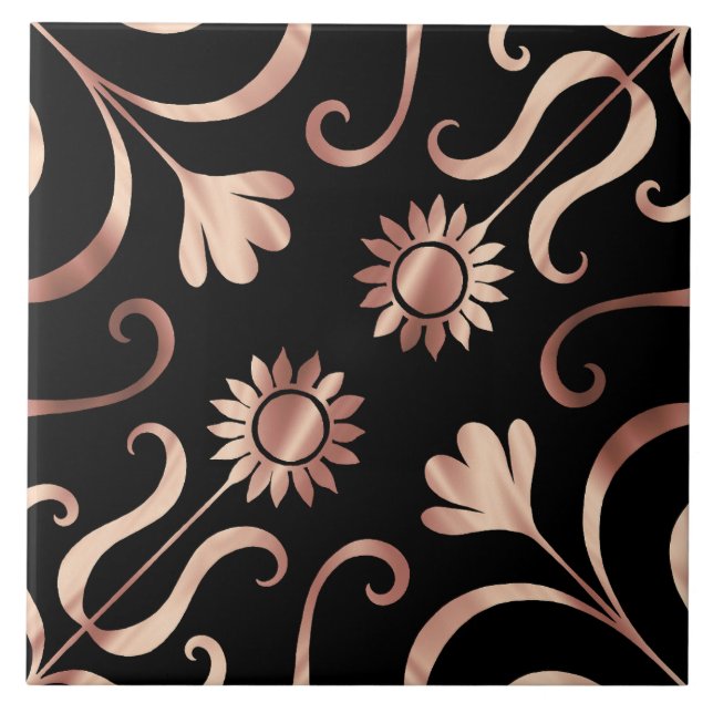 Classy Floral Damask Schwarz und Rose Gold Sonnenb Fliese (Vorderseite)