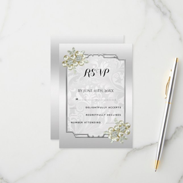 Classy Floral Gem, Silberne Gerahmte Hochzeit RSVP Karte (Vorderseite/Rückseite Beispiel)