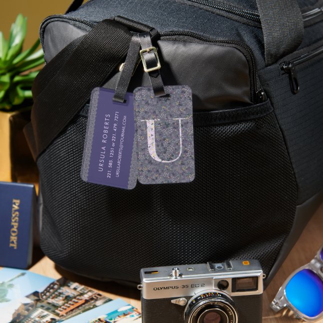 Classy Floral Mit Monogramm Letter U dunkel lila Gepäckanhänger (Vorderseite & Rückseite)