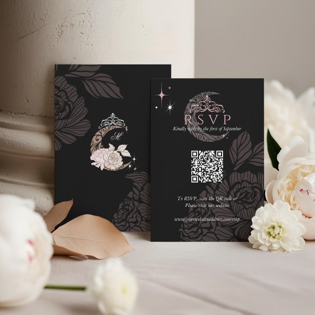 Classy Floral Moon Stars Tiara Quinceañera QR Code RSVP Karte (Classy Floral Moon Stars Tiara Quinceañera QR Code RSVP Card)