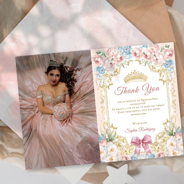 Classy Floral Pink Quinceanera Foto DankeYou Card Einladung (Classy Floral Pink Quinceanera Photo ThankYou Card)