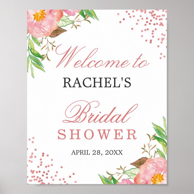Classy Floral Rose Pink Confetti Brautparty Poster (Vorne)