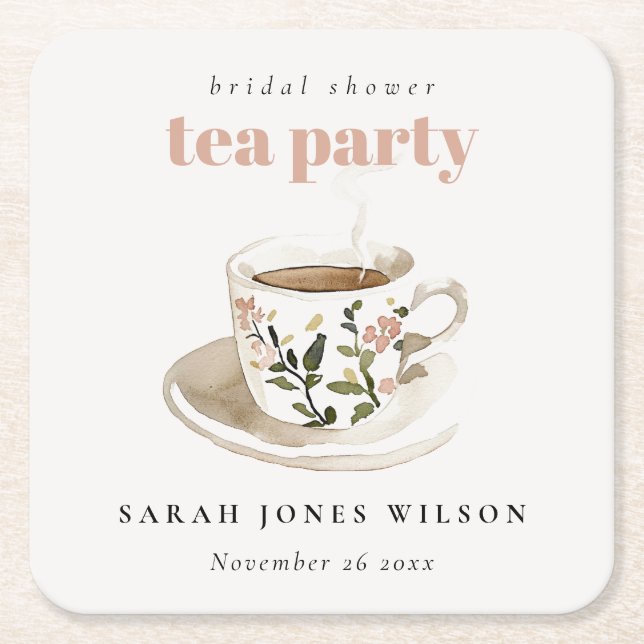 Classy Floral Tee Brautparty Teezeremonie Party Rechteckiger Pappuntersetzer (Vorderseite)