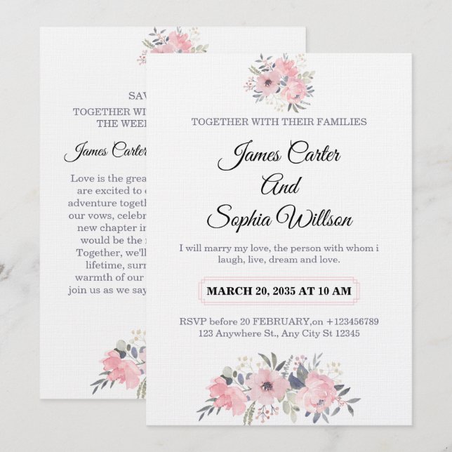 Classy Floral Wedding Invitation elegant card Einladung (Vorne/Hinten)