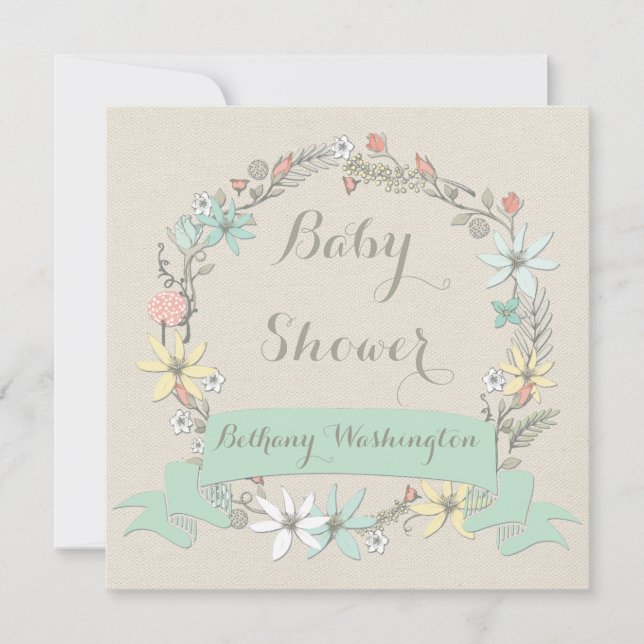 Classy Floral Wreath und Banner Baby Dusche Einladung (Vorderseite)