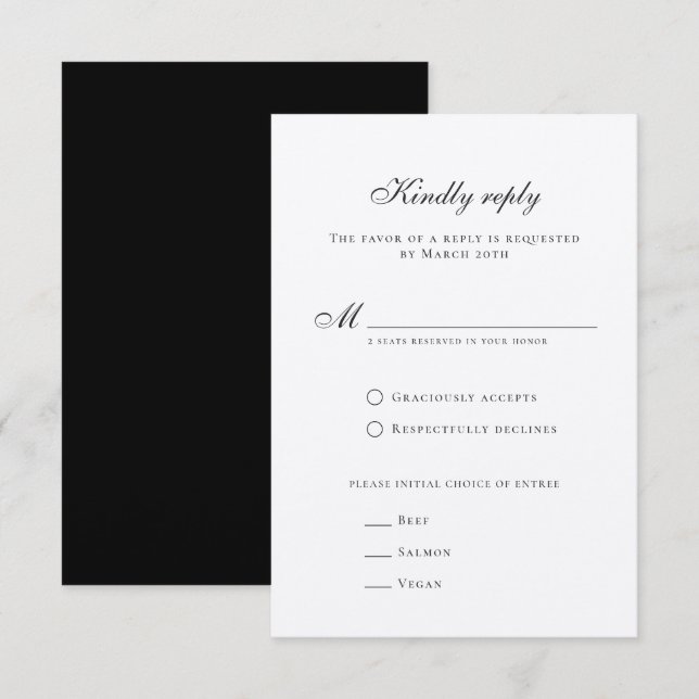 Classy Formal Elegante Schwarz-weiße Hochzeit RSVP Karte (Vorne/Hinten)