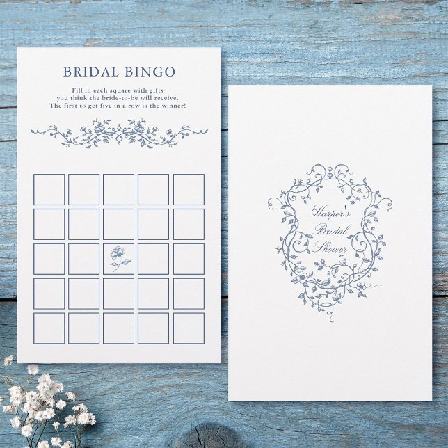 Classy French Blue Floral Bridal Bingo Game (Front & Back)