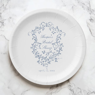 Classy French Blue Floral Wappen Brautparty Pappteller