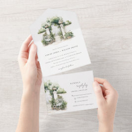 Classy French Garden Landscape Watercolor Wedding All In One Einladung