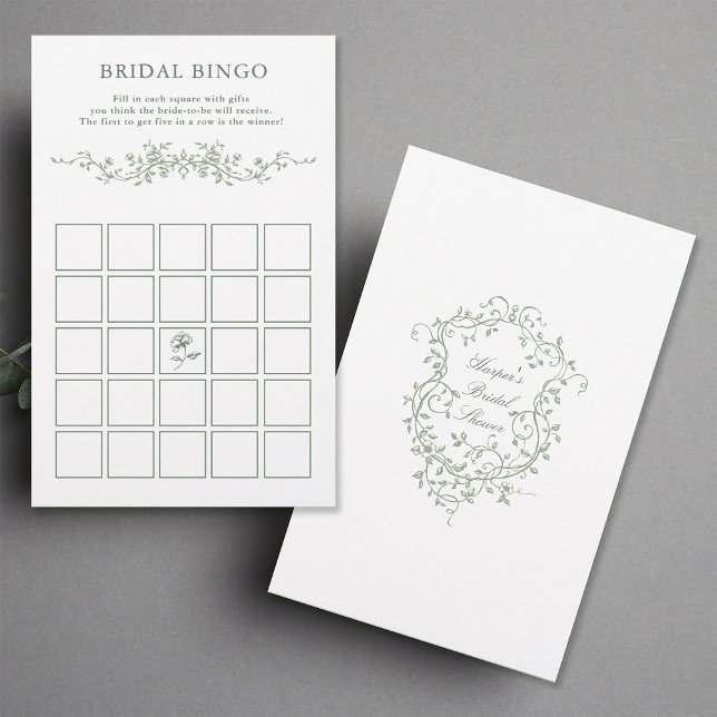 Classy French Sage Green Floral Bridal Bingo Spiel (Front & Back)