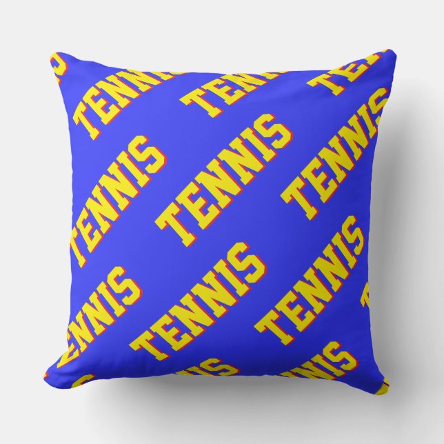 Classy Fun Retro Bright Yellow TENNIS Text On Blue Kissen (Vorderseite)