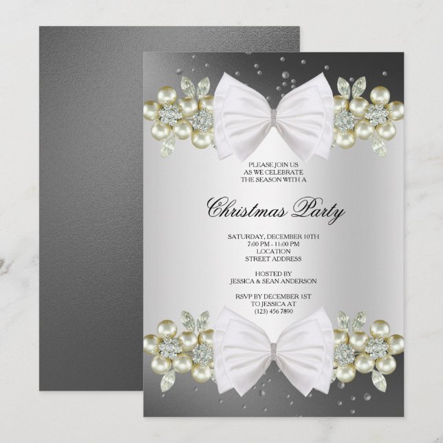 Classy Gemes & Bow Black Christmas Einladung (Vorne/Hinten)