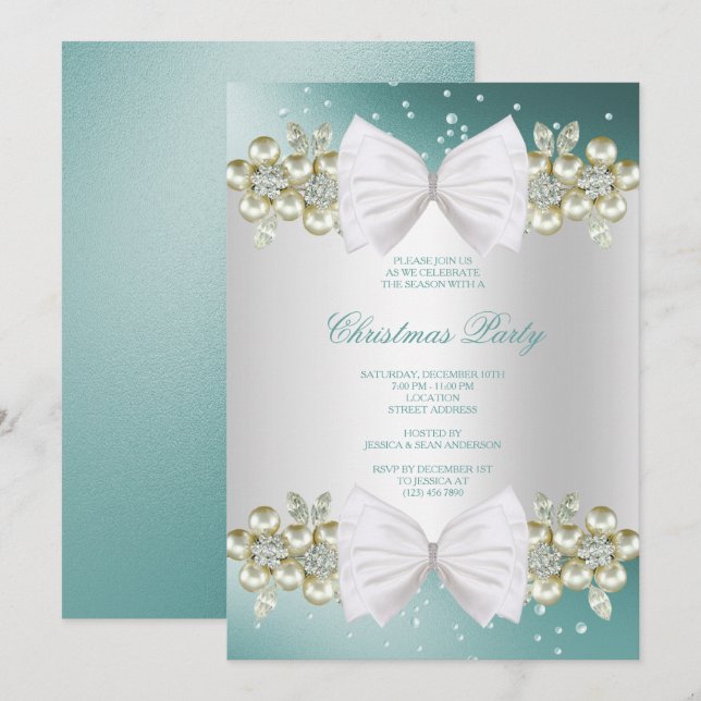 Classy Gems & Bow Aquamarine Weihnachten Einladung (Vorne/Hinten)