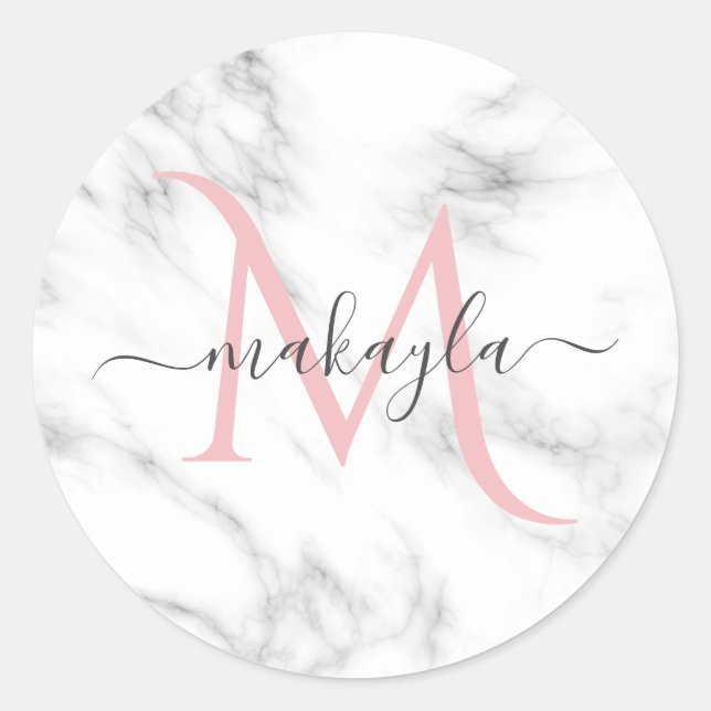 Classy Girly Luxury Marmordesign Name Monogram Runder Aufkleber (Vorderseite)