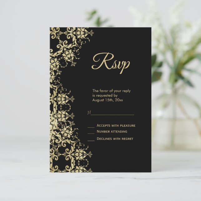 Classy Gold & Black Damask Geburtstag RSVP Karte (Stehend Vorderseite)