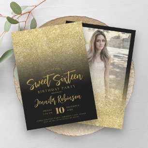 Classy Gold Black Glitzer Foto Sweet 16 Einladung