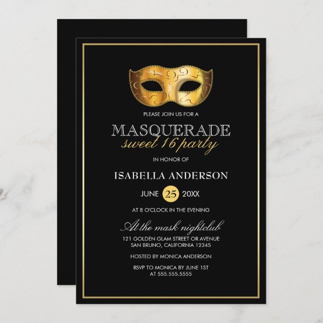 Classy Gold & Black Masquerade Sweet 16 Party Einladung (Vorne/Hinten)