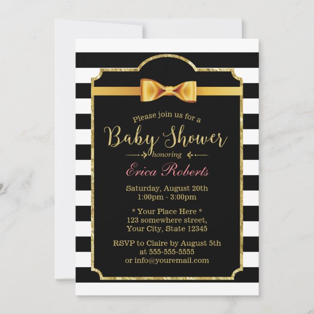 Classy Gold Bow Krawatte Moderne Stripes Babydusch Einladung (Vorderseite)