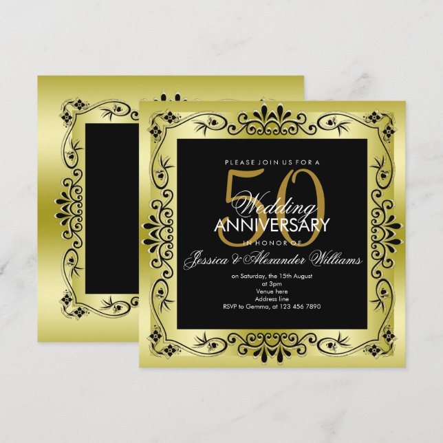 Classy Gold Decorative Gerahmt 50. Hochzeit Einladung (Vorne/Hinten)