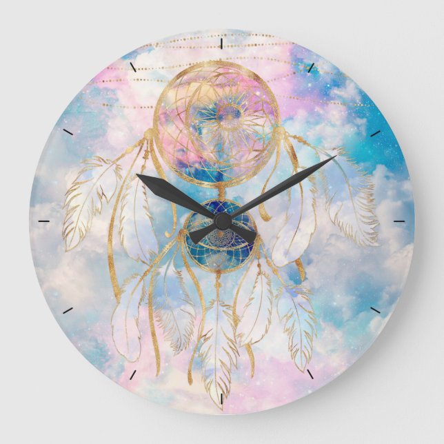 Classy Gold Dreamcatcher Rainbow Wolken Sky Design Große Wanduhr (Vorderseite)