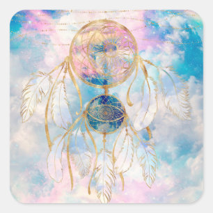 Classy Gold Dreamcatcher Rainbow Wolken Sky Design Quadratischer Aufkleber