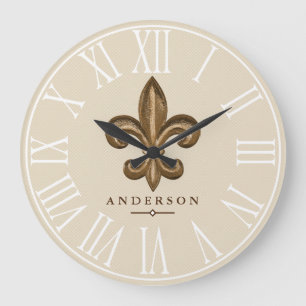 Classy Gold Fleur de Lis & Taupe   Personalized Große Wanduhr