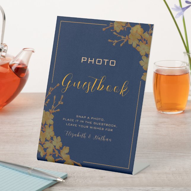 Classy Gold Floral Navy Blue Foto Guestbook Sockelschild (In Situ)