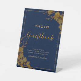 Classy Gold Floral Navy Blue Foto Guestbook Sockelschild