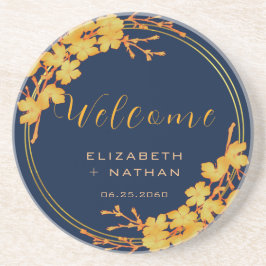 Classy Gold Floral Navy Blue Wedding Willkommen Getränkeuntersetzer