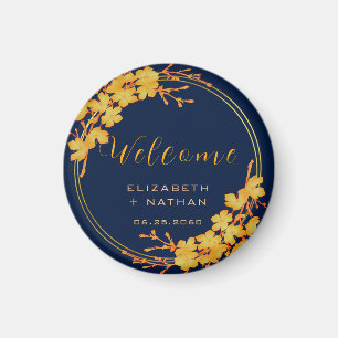 Classy Gold Floral Navy Blue Wedding willkommen Magnet