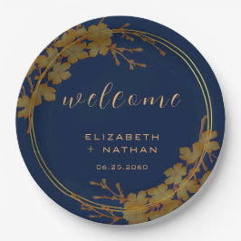 Classy Gold Floral Navy Blue Willkommen Pappteller
