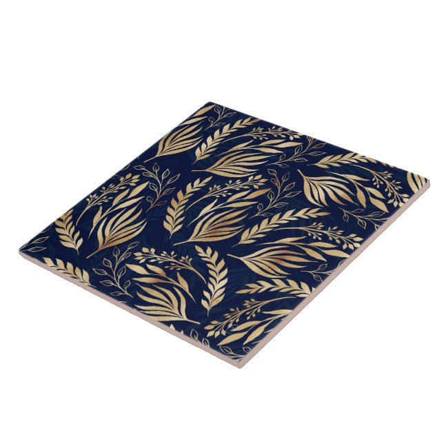 Classy Gold Foliage Botanical Blue Design Fliese (Seite)