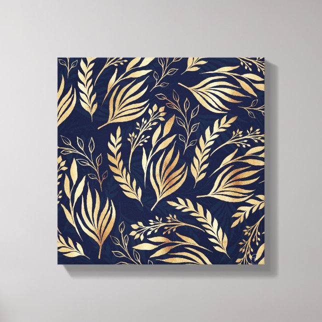Classy Gold Foliage Botanical Blue Design Leinwanddruck (Vorderseite)