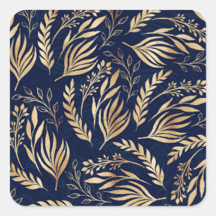 Classy Gold Foliage Botanical Blue Design Quadratischer Aufkleber