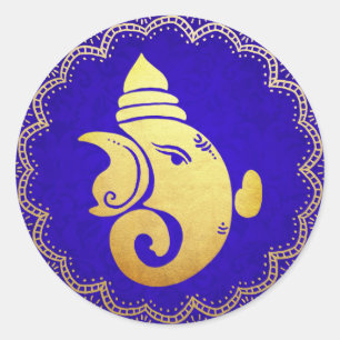 Classy Gold Ganapati Indian Hindu God Blue Runder Aufkleber