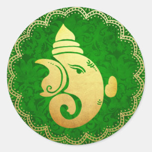 Classy Gold Ganapati Indian Hindu God Green Runder Aufkleber