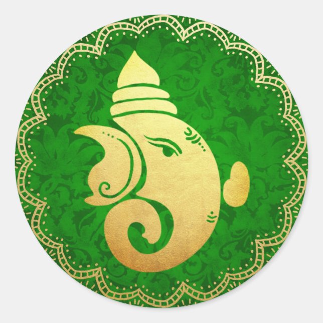 Classy Gold Ganapati Indian Hindu God Green Runder Aufkleber (Vorderseite)