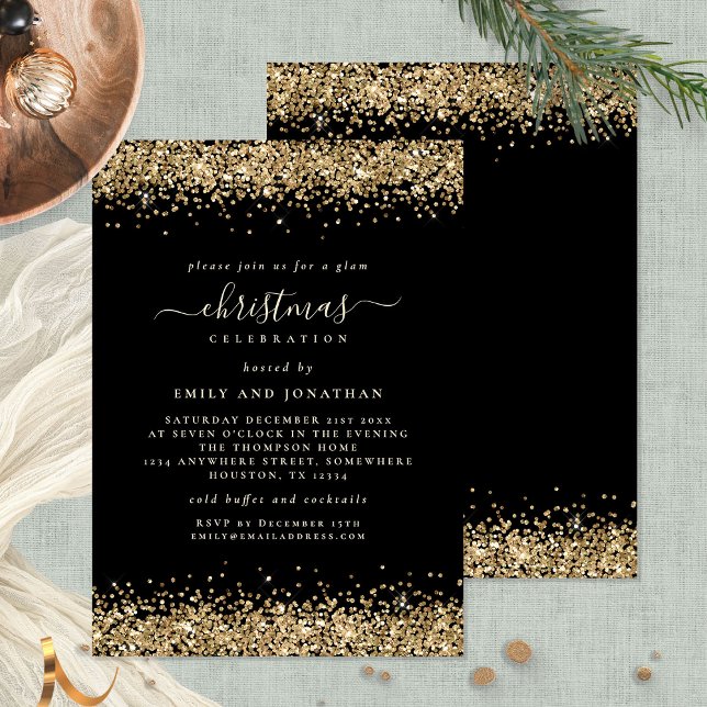 Classy Gold Glitzer Black Christmas Party Einladung (Front and back view)